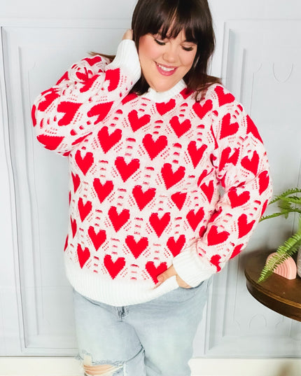True Hearts Ivory & Red Heart Oversized Sweater