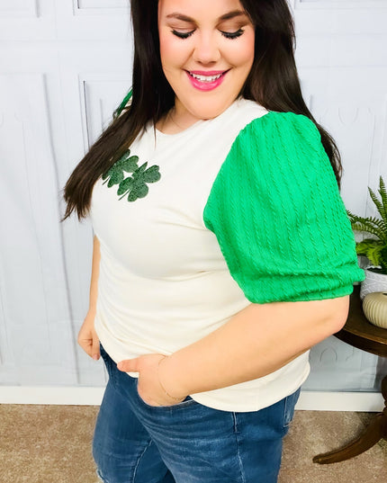 Lucky Sequin Clover Oatmeal Cable Knit Puff Sleeve Top