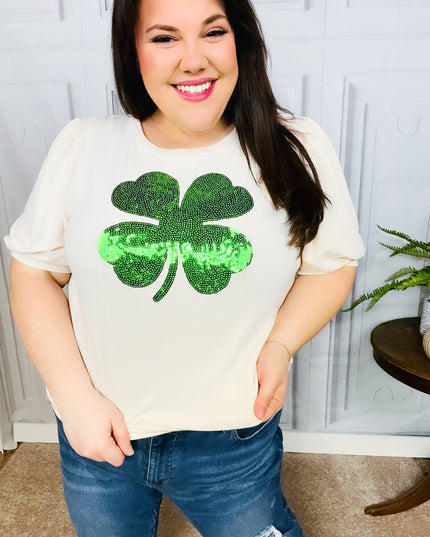 Saint Patty Sequin Clover French Terry Puff Sleeve Top