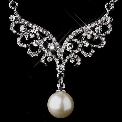 Bridal Wedding Jewelry Set Necklace Crystal Rhinestone Pearl Silver White Wing