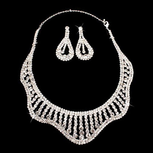 Bridal Wedding Jewelry Set Crystal Rhinestones Wavy Curl Bib Necklace Silver