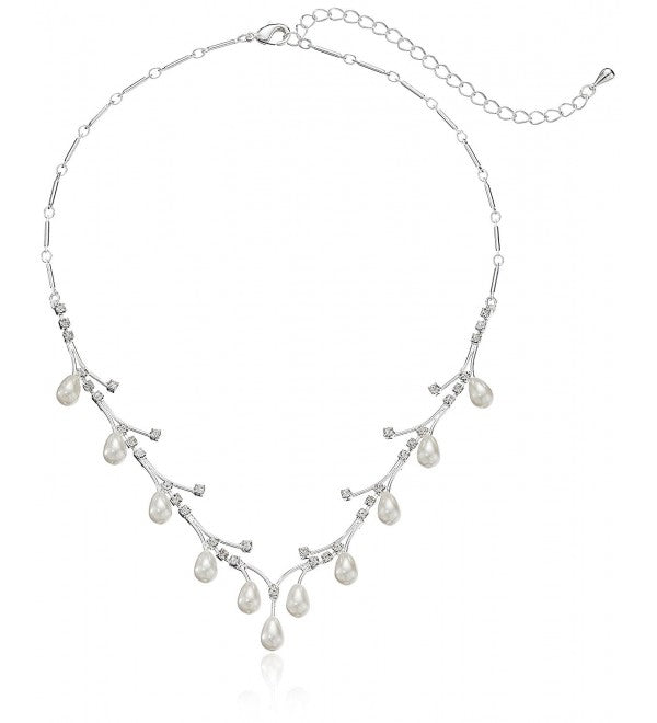 Bridal Wedding Jewelry Set Crystal Rhinestone Pear Dangle Pearls Link Necklace