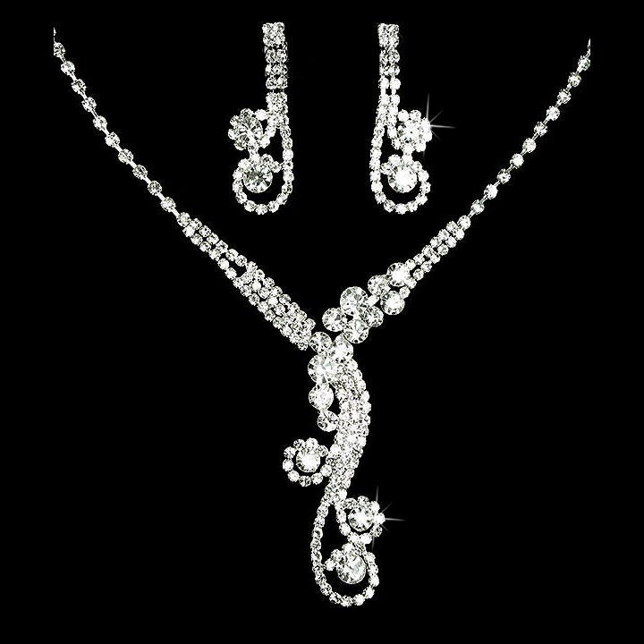 Bridal Wedding Jewelry Set Crystal Rhinestone Dazzle Y Drop Swirl Necklace SV