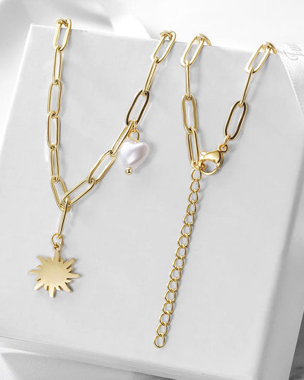 Lovely Sun with Heart-shaped Pearl Pendant Necklace