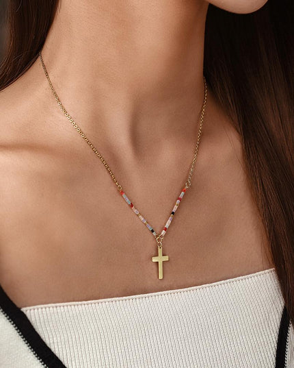 Colorful Beaded Cross Charm Necklace