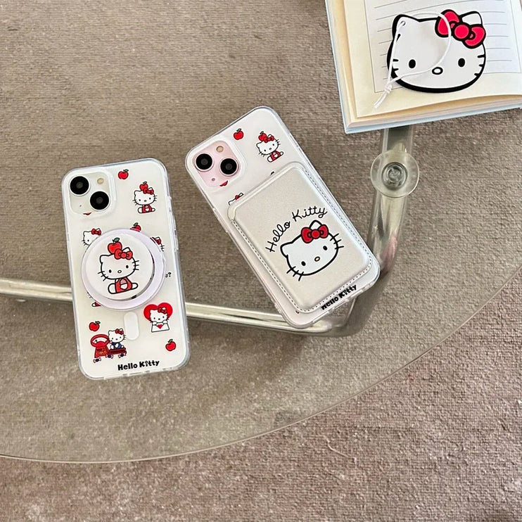 Cute Sanrio Hello Kitty Magnetic Card Wallet Bracket Holder MagSafe Wireless Charge Phone Case iPhone