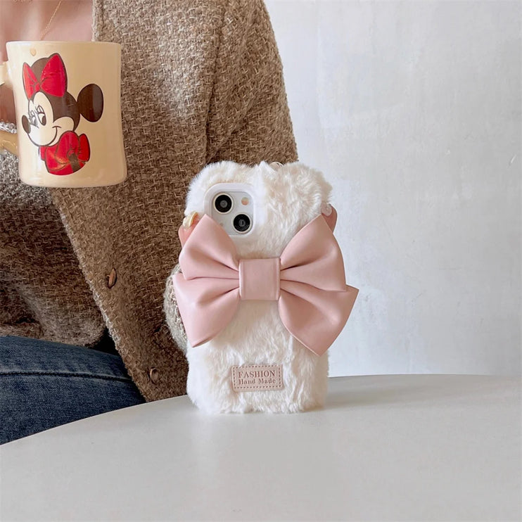 Cute Luxury Pink Bow Fluffy Fur Plush Phone Case for iPhone 15 14 13 12 11 Pro Max