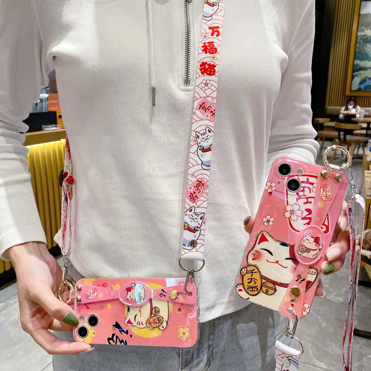 Cute Adorable Lucky Cat Hand Holder Crossbody Strap Phone Case Cover For iPhone