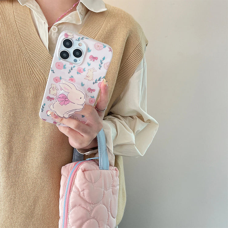 Cute Rabbit Bunny Foral Design Phone Stand Holder Phone Case Cover For iPhone 15 14 13 12 11 Pro Max Plus X XS XR