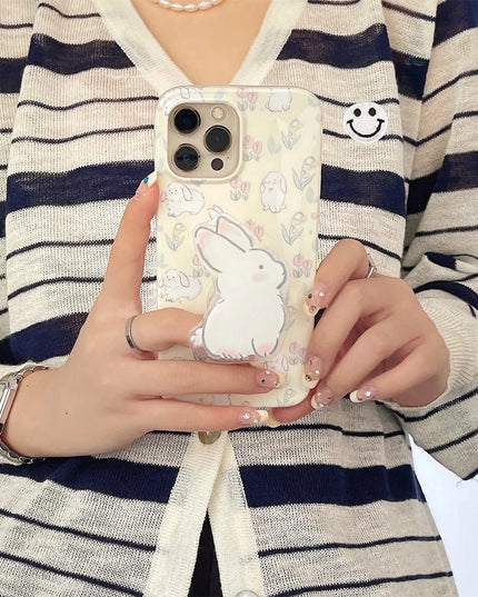 Cute Rabbit Bunny Foral Design Phone Stand Holder Phone Case Cover For iPhone 15 14 13 12 11 Pro Max Plus X XS XR