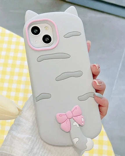 Cute Playful Cat Bow Knot Tail Phone Case Cover For iPhone 15 14 13 12 11 Pro Max Plus