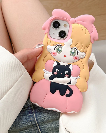 Cute Adorable Anime Girl Black Cat Phone Case Cover For iPhone 15 14 13 12 11 Pro Max