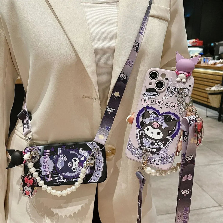 Cute Sanrio Kuromi Wristlet Crossbody Straps Phone Case Cover  iPhone  15 14 13 Pro Max Plus