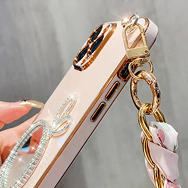 Cute Bunny Makeup Mirror Silk Strap Lanyard Wristband Phone Case Cover For iPhone 15 14 13 12 11 Pro Max Plus Mini