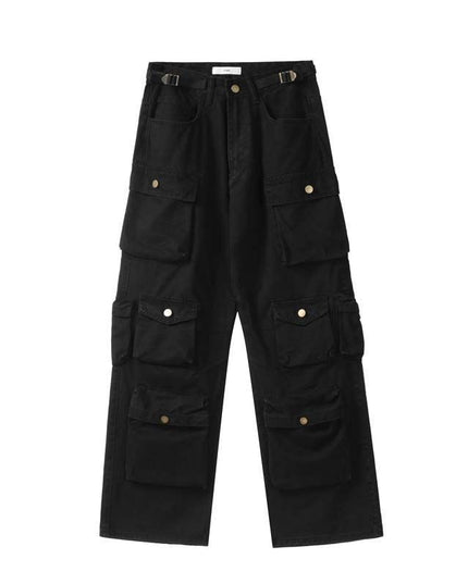 Stylish Multi-Pocket Cargo Pants Retro Street Fashion High Waist Wide Legs Casual Jeans