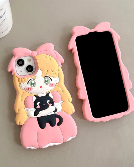 Cute Adorable Anime Girl Black Cat Phone Case Cover For iPhone 15 14 13 12 11 Pro Max