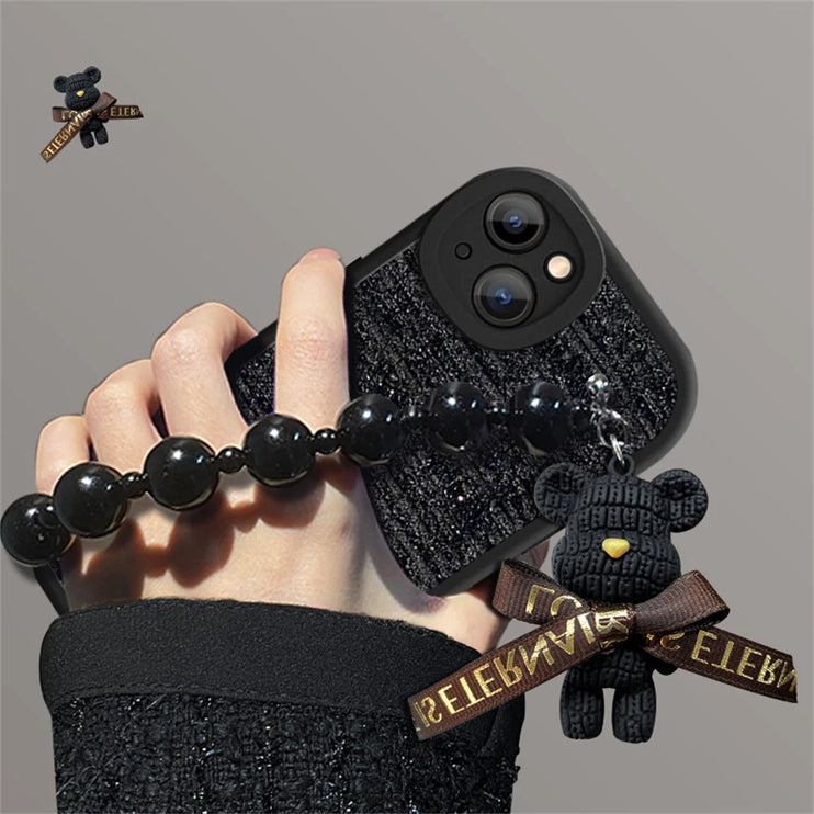 Cute 3D Bear Charm Wrist Chain Woolen Lattice Soft Phone Case For iPhone 15 14 13 12 Pro Max 11 X XS XR Lens Protective Cover