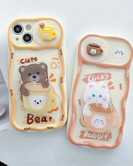 Cute 3D Milk Tea Bear Rabbit Camer Slider Holder Phone Case Cover For iPhone 15 14 13 12 11 Pro Max Plus