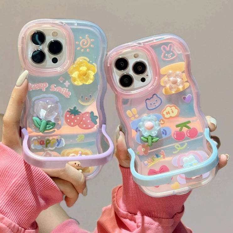 Cute 3D Flowers Cartoon Rabbit Bear Bracket Holder Phone Case Cover For iPhone 15 14 13 12 11 Pro Max