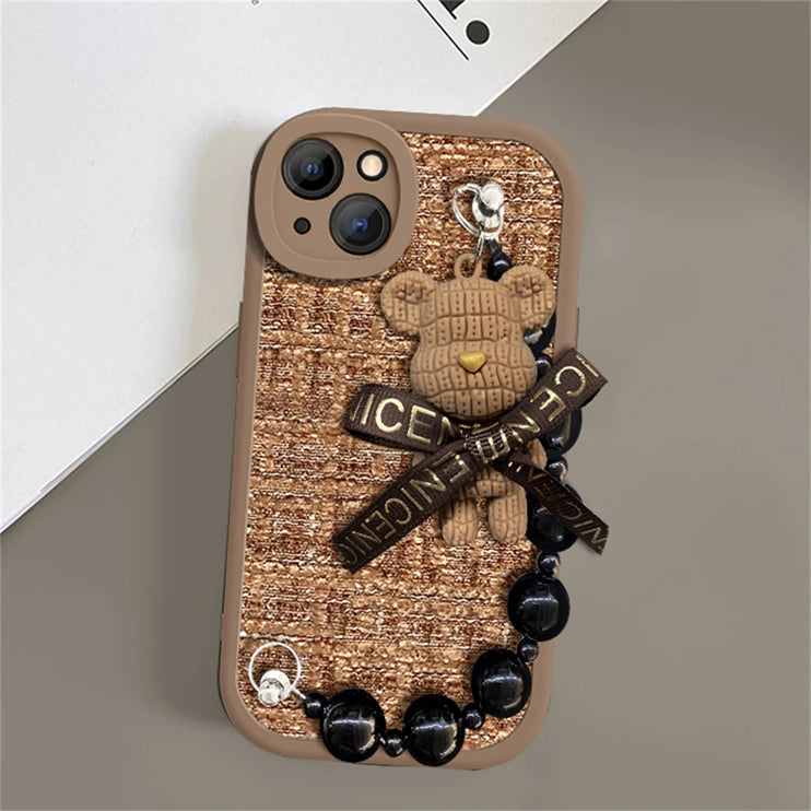 Cute 3D Bear Charm Wrist Chain Woolen Lattice Soft Phone Case For iPhone 15 14 13 12 Pro Max 11 X XS XR Lens Protective Cover