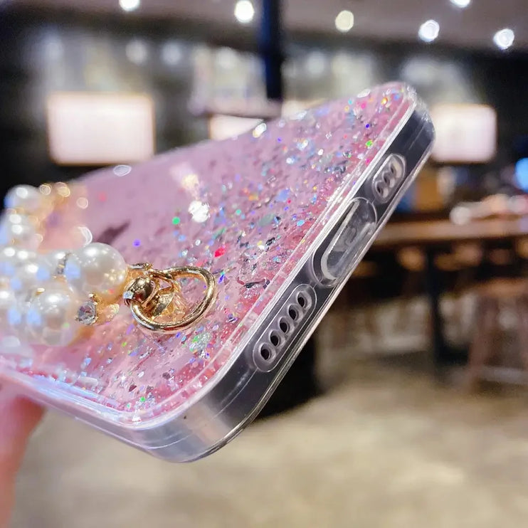 Glitter Luxury Pearl Chain Strap Soft Phone Case Cover For iPhone 15 14 13 12 11 Pro Max Plus Mini