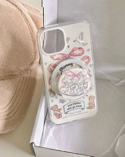 Lovely Tea Cup Rabbit Magnetic Holder MagSafe Phone Case Cover For iPhone 15 14 13 12 Pro Max
