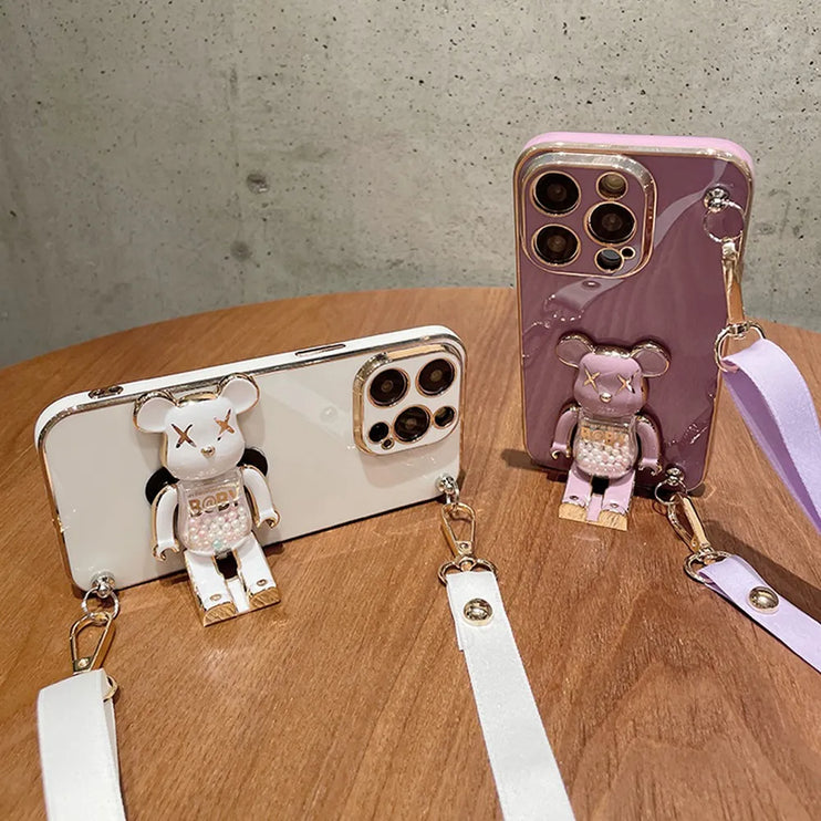 Cute 3D Bear Folding Stand Removable Strap Phone Case Cover for iPhone 15 14 13 12 Pro Max Plus Mini