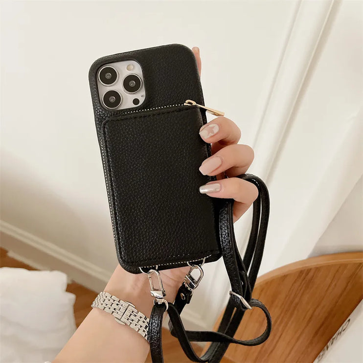 Luxury High Quality Crossbody Shoulder Zipper Wallet Strap Phone Case Cover For iPhone 15 14 13 Pro Max Plus