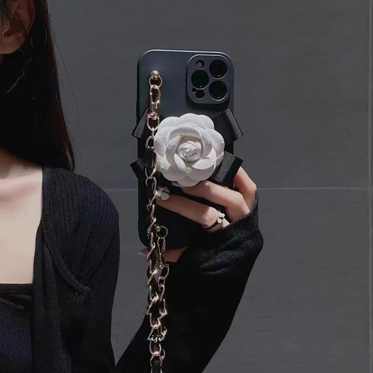Elegant 3D Leather Camellia Crossbody Chain Strap Phone Case Cover For iPhone
