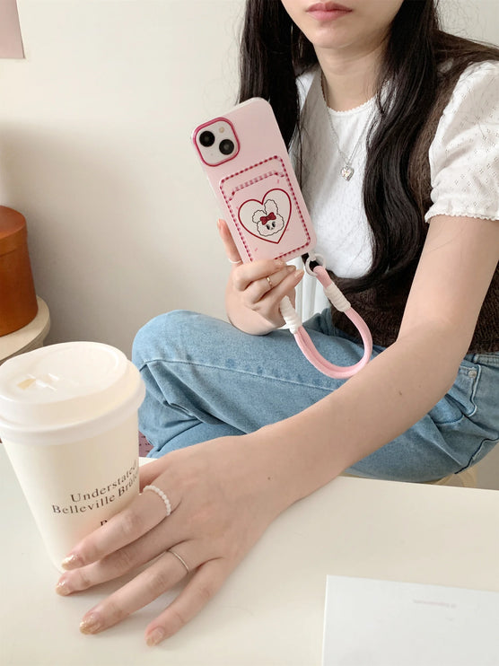 Cute Rabbit Bunny Heart Wallet Card Hand Strap Phone Case Cover For iPhone 15 14 13 12 11 Pro Max