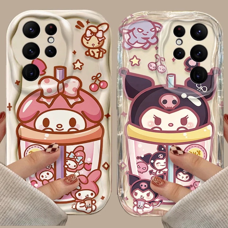 Cute Bubble Tea Beverage Themed Sanrio Kuromi My Melody Phone Case Cover For Samsung Galaxy S24 Ultra S23 S22 Plus