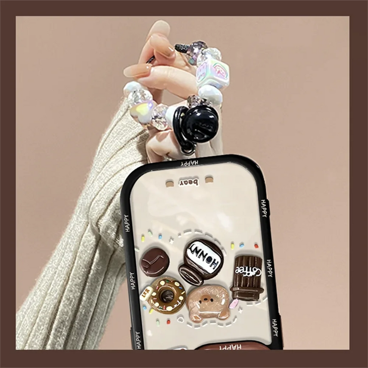 Cute 3D Bear Coffee Sweet Charms Beaded Wristlet Phone Case Cover for iPhone 15 14 13 12 11 Pro Max Plus