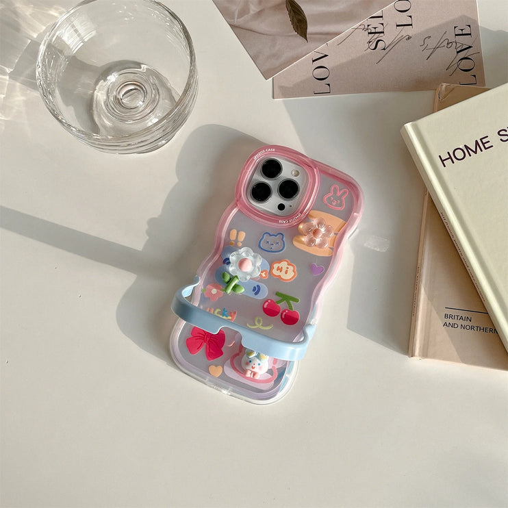 Cute 3D Flowers Cartoon Rabbit Bear Bracket Holder Phone Case Cover For iPhone 15 14 13 12 11 Pro Max