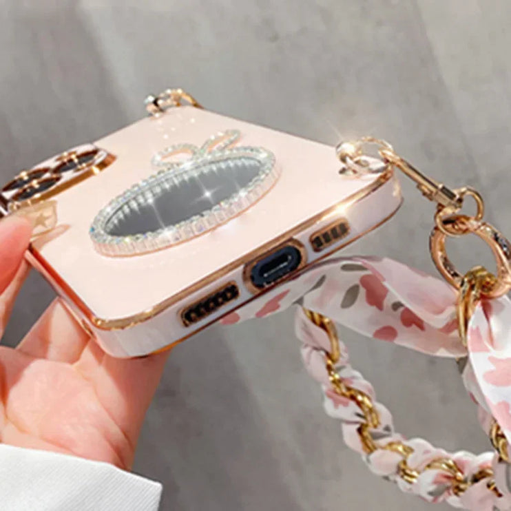 Cute Bunny Makeup Mirror Silk Strap Lanyard Wristband Phone Case Cover For iPhone 15 14 13 12 11 Pro Max Plus Mini