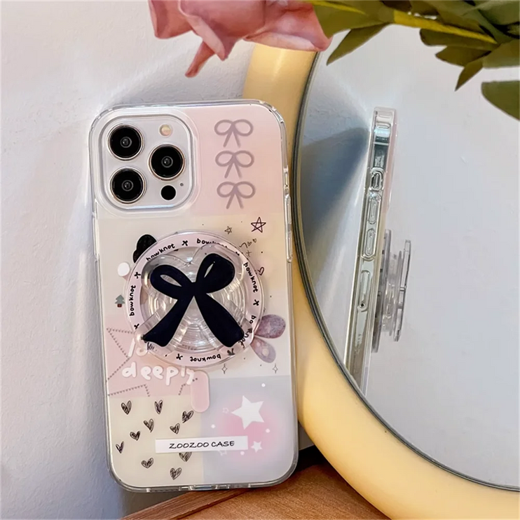 Cute Cartoon Bear Bowknot Magnetic Bracket MagSafe Phone Case Cover For iPhone 15 14 13 12 Pro Max