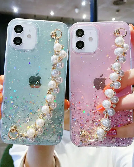 Glitter Luxury Pearl Chain Strap Soft Phone Case Cover For iPhone 15 14 13 12 11 Pro Max Plus Mini