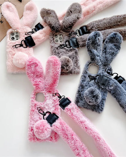 Adorable Fluffy Rabbit Plush Soft Fur Shoulder Strap Phone Case Cover For iPhone 15 14 13 12 Pro Max