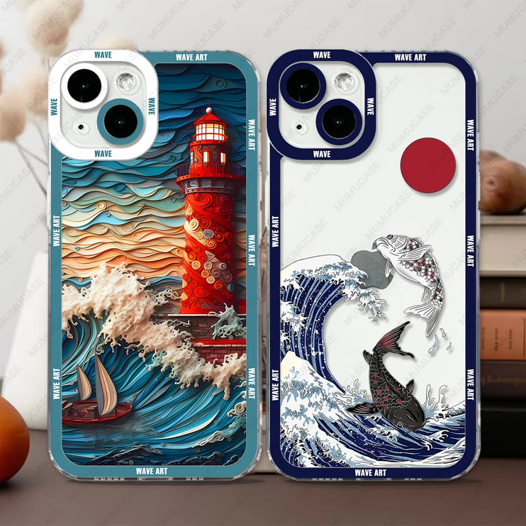 Beautiful Wave Art Phone Soft Case Cover For iPhone 15 14 13 Pro Max Plus Mini