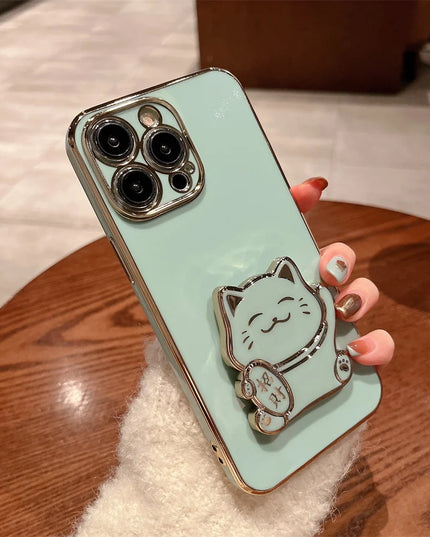 Cute Lucky Cat Folding Stand Phone Case Cover for iPhone 15 14 13 Pro Max Plus Mini