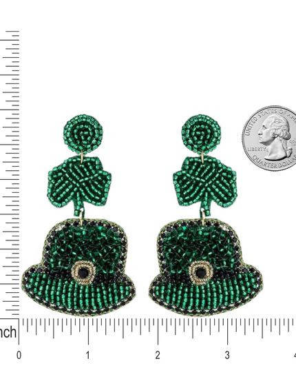 St. Patrick's Day Beaded Lucky Clover & Hat Dangle Fashion Earrings