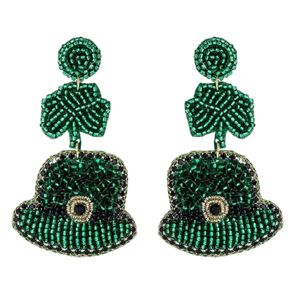 St. Patrick's Day Beaded Lucky Clover & Hat Dangle Fashion Earrings - Accessoriesforever