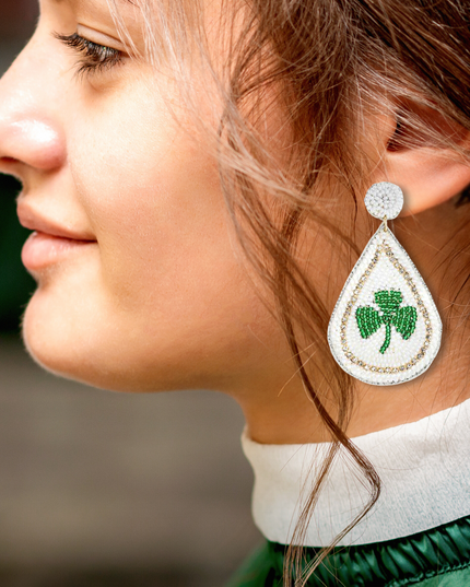 St. Patrick's Day Beaded Lucky Clover Teardrop Charm Fashion Dangle Earrings