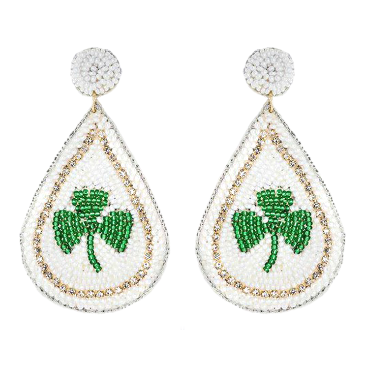 St. Patrick's Day Beaded Lucky Clover Teardrop Charm Fashion Dangle Earrings
