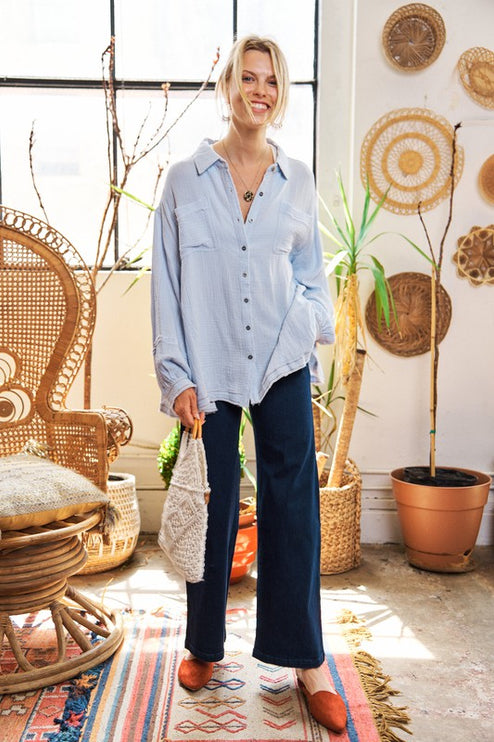 Relaxed Gauze Button-Down Shirt with Raw Edges and Flowy Fit