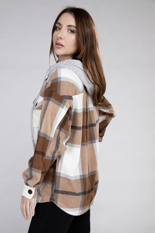 Comfy Casual Plaid Drawstring Hooded Fleece Shacket