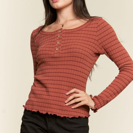 Casual Classic Button Detail Round Neck Striped Fashion Top - Accessoriesforever