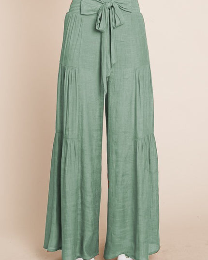 Chic Comfy Relaxed Tie-Front Ruched Waist Wide Leg Palazzo Pants