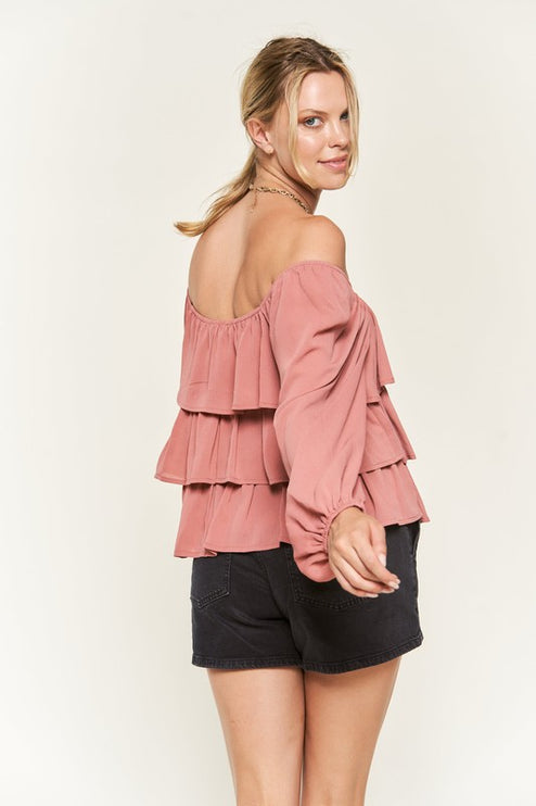 Romantic Off-Shoulder Tiered Flounce Blouse in Crinkled Chiffon