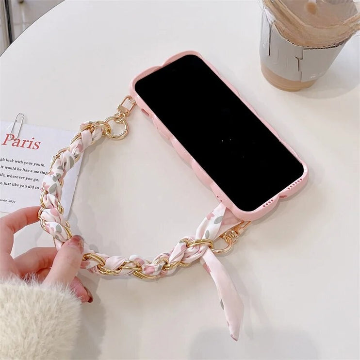 Beautiful Chic Lattice Pattern Silk Scarf Wristlet Chain Phone Case Cover iPhone 15 14 13 12 11 Pro Max