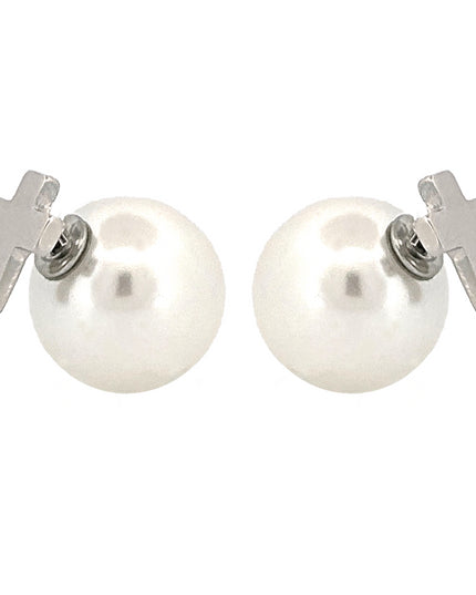 Classic Cross Charm Pearl Double-Sided Design Fashion Stud Earrings